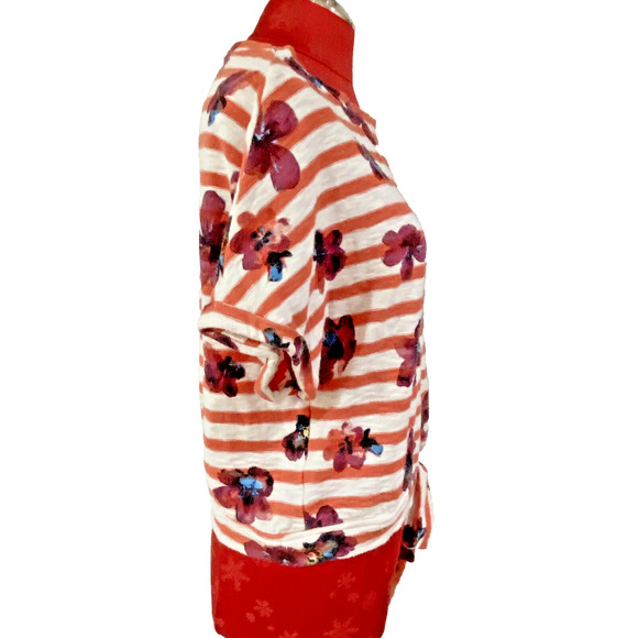 Anthropologie Postage Stamp XS Cropped Tee Shirt Top Red Stripe Floral Tie Waist - Picture 6 of 8